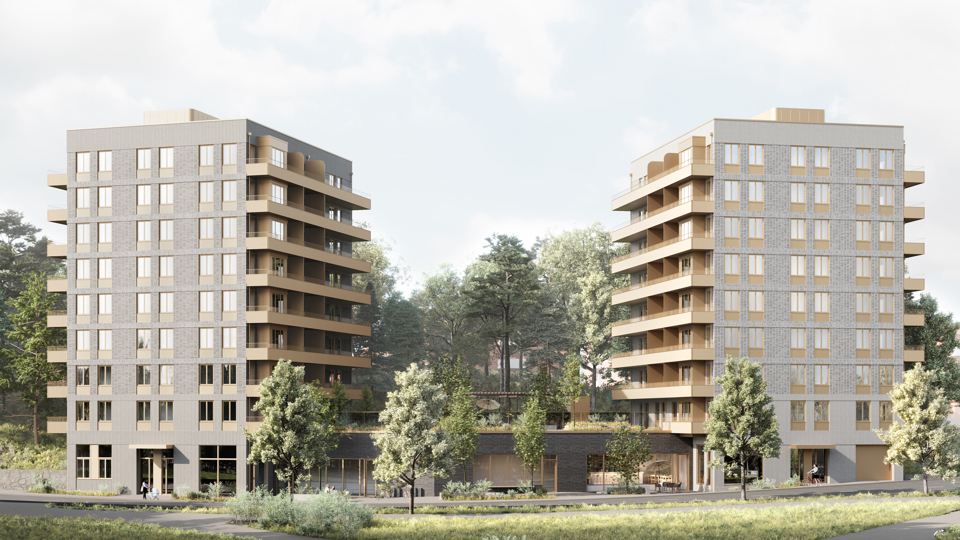 Visionsillustration som visar två högre hus sammanbundna med ett låghus